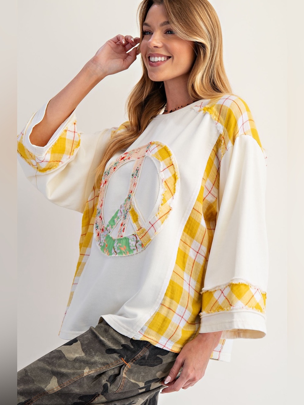 Easel Ivory Patch Plaid Peace Sign Top - Picture 3 of 3